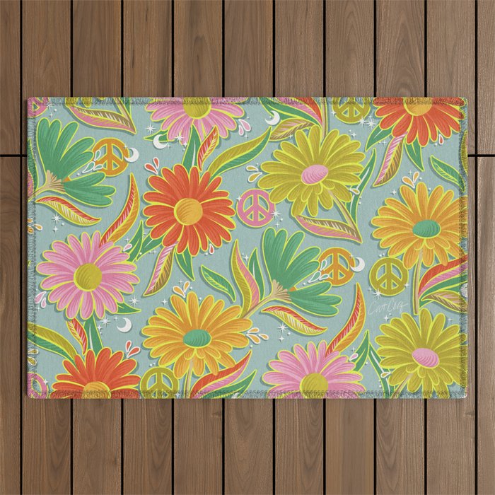 Drippy Daisy Dreamscape - Electric on Blue Outdoor Rug Gallery Image 1