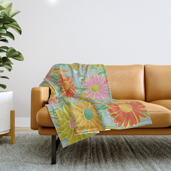 Drippy Daisy Dreamscape - Electric on Blue Throw Blanket Gallery Image 1