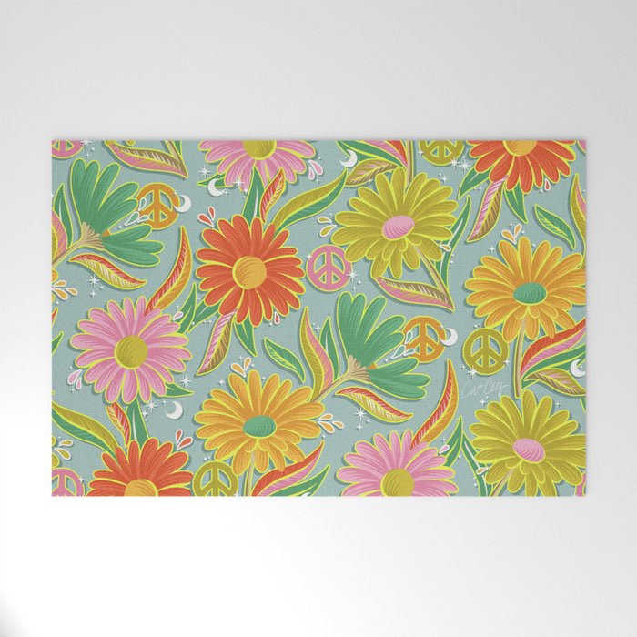 Drippy Daisy Dreamscape - Electric on Blue Welcome Mat Gallery Image 1