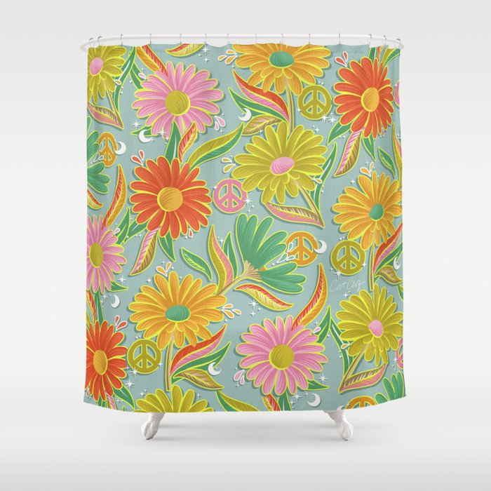 Drippy Daisy Dreamscape - Electric on Blue Shower Curtain Gallery Image 1