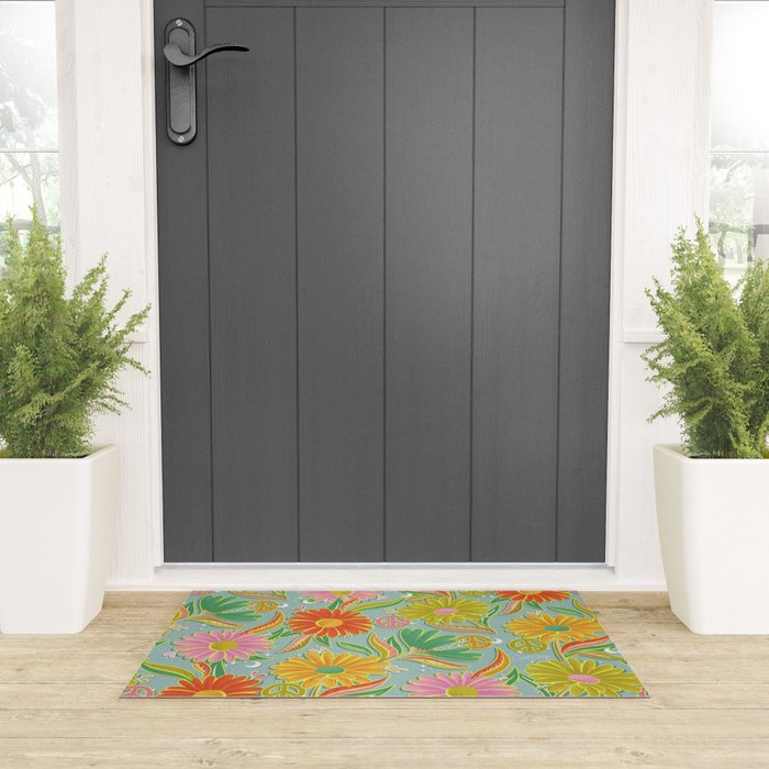 Drippy Daisy Dreamscape - Electric on Blue Welcome Mat Gallery Image 3
