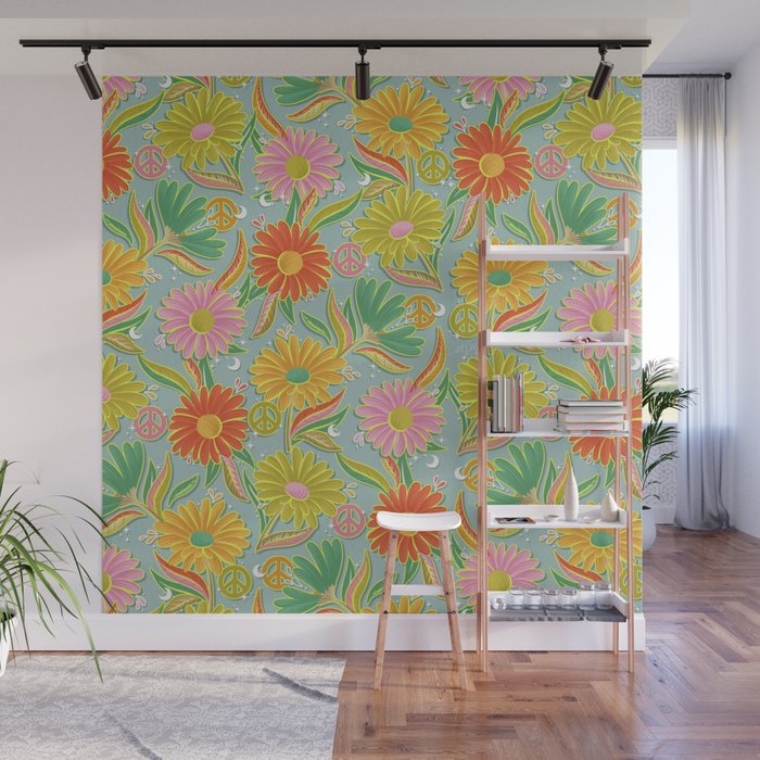 Drippy Daisy Dreamscape - Electric on Blue Wall Mural Gallery Image 1