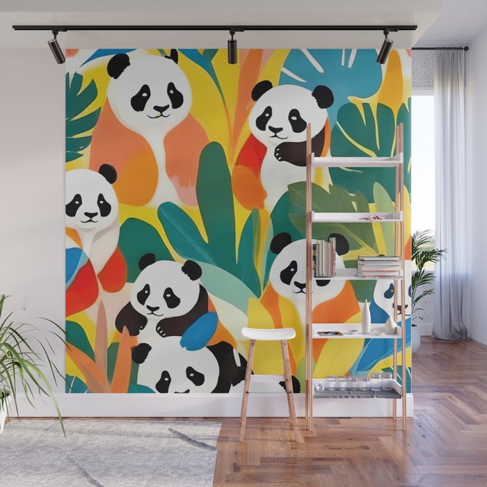 Pandas & Tropical, Nature Botanical Jungle Boho, Plants Wildlife Cute Animals, Funny Eclectic Summer Contemporary Painting Illustration  Wall Mural Gallery Image 1