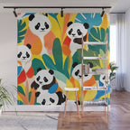 Pandas & Tropical, Nature Botanical Jungle Boho, Plants Wildlife Cute Animals, Funny Eclectic Summer Contemporary Painting Illustration  Wall Mural Gallery Image 1