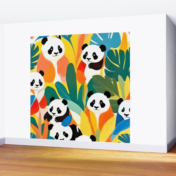 Pandas & Tropical, Nature Botanical Jungle Boho, Plants Wildlife Cute Animals, Funny Eclectic Summer Contemporary Painting Illustration  Wall Mural Gallery Image 2