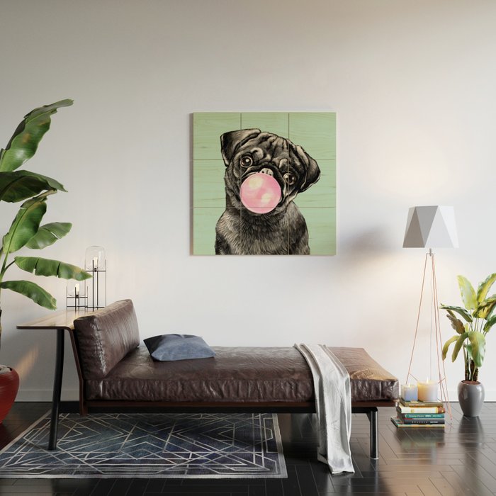 Bubble Gum Black Pug in Green Wood Wall Art Gallery Image 2