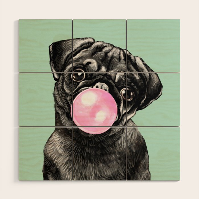 Bubble Gum Black Pug in Green Wood Wall Art Gallery Image 1