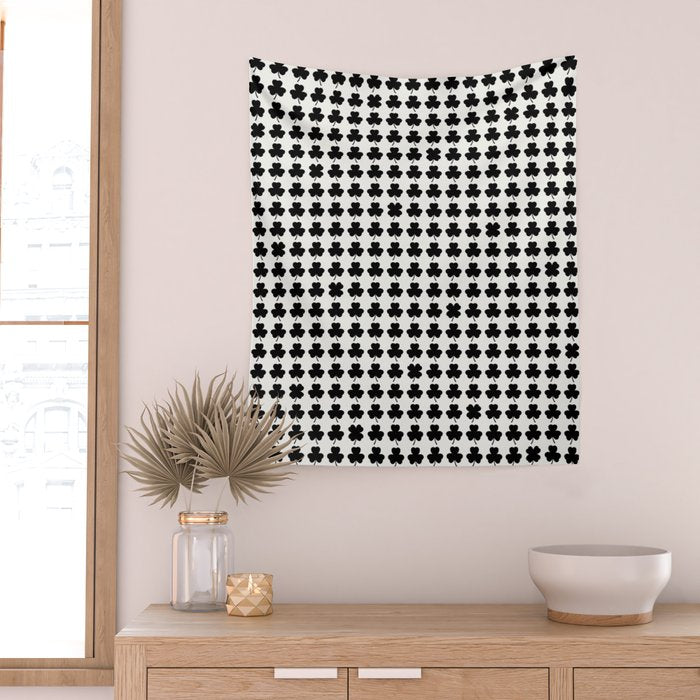 Clovers I Black and White Botanical Pattern Wall Tapestry Gallery Image 2