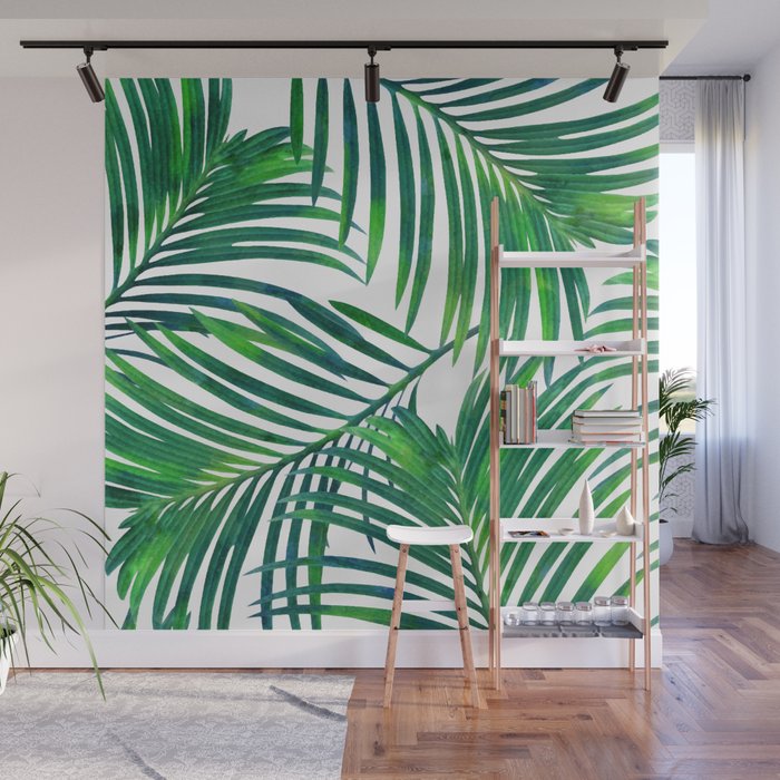 Palm Paradise, Tropical Leaves, Beachy Watercolor Painting, Minimal Nature Botanical Illustration Wall Mural Gallery Image 1