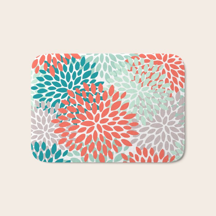 Floral Pattern, Orange, Teal, Mint Green, Flower Print Bath Mat Gallery Image 1