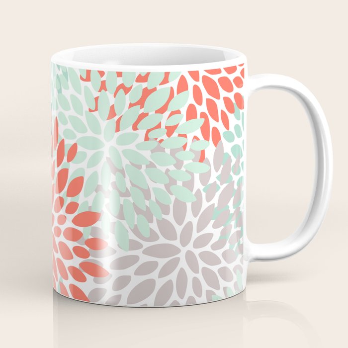 Floral Pattern, Orange, Teal, Mint Green, Flower Print Coffee Mug Gallery Image 1