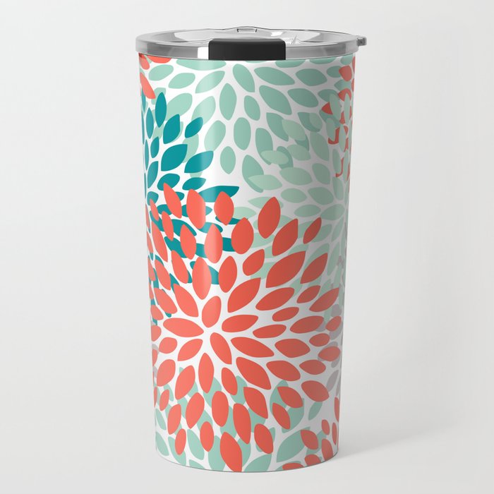 Floral Pattern, Orange, Teal, Mint Green, Flower Print Travel Mug Gallery Image 1