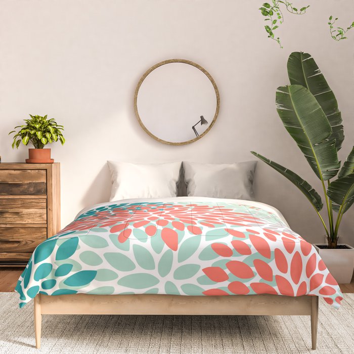 Floral Pattern, Orange, Teal, Mint Green, Flower Print Comforter Gallery Image 3