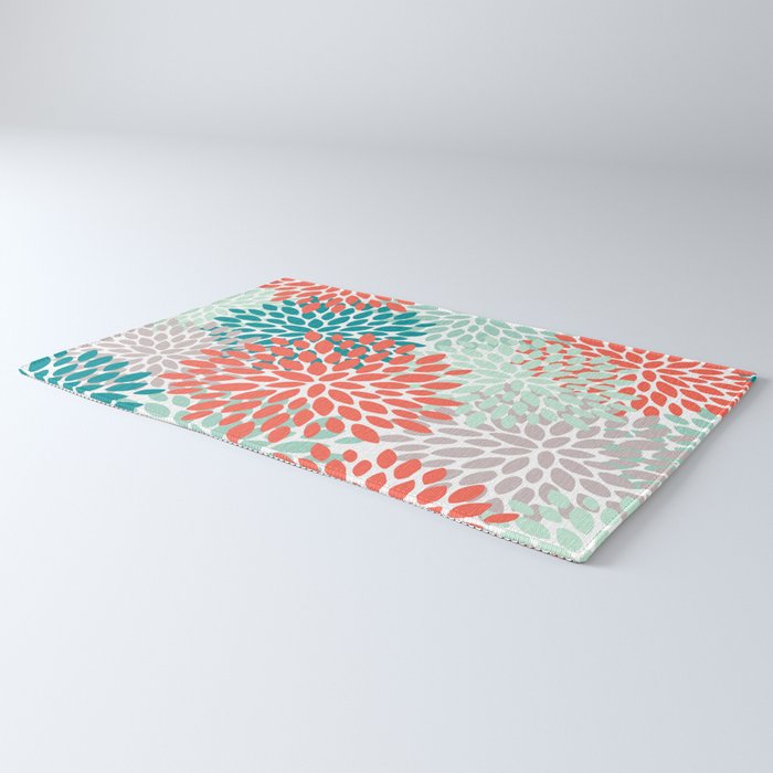 Floral Pattern, Orange, Teal, Mint Green, Flower Print Rug Gallery Image 3