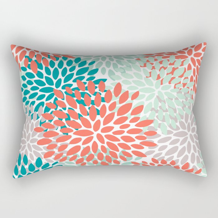 Floral Pattern, Orange, Teal, Mint Green, Flower Print Rectangular Pillow Gallery Image 1