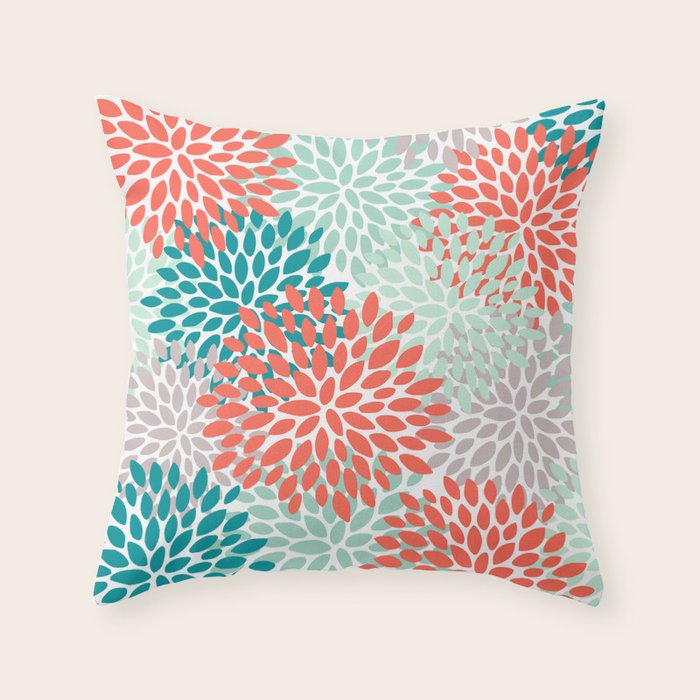 Floral Pattern, Orange, Teal, Mint Green, Flower Print Throw Pillow Gallery Image 1