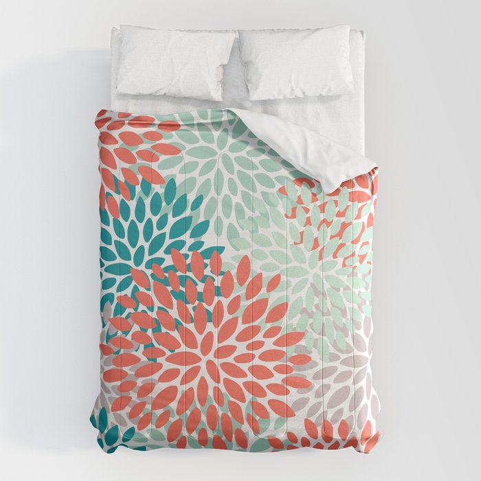 Floral Pattern, Orange, Teal, Mint Green, Flower Print Comforter Gallery Image 6