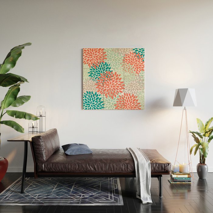 Floral Pattern, Orange, Teal, Mint Green, Flower Print Wood Wall Art Gallery Image 2