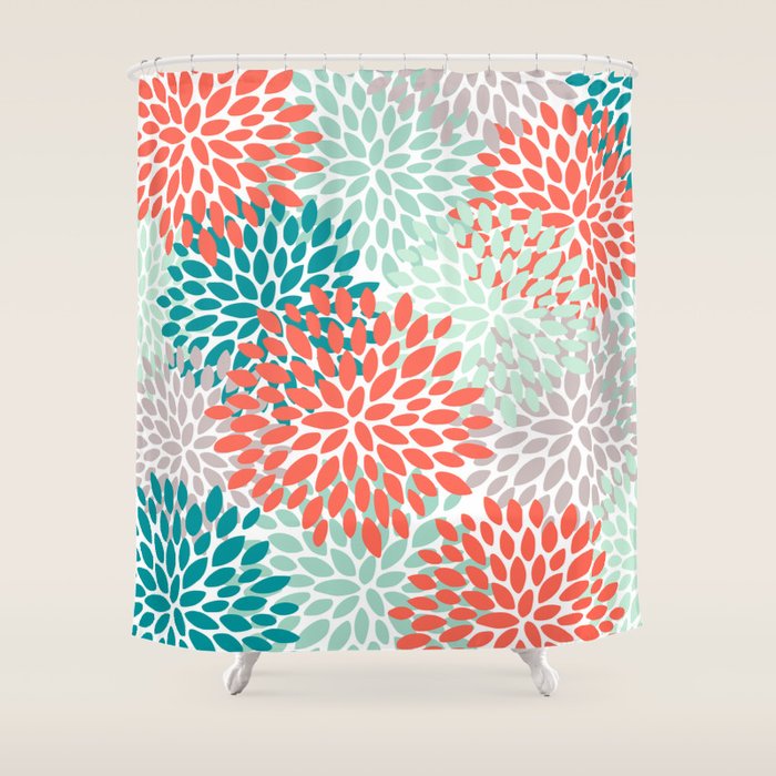 Floral Pattern, Orange, Teal, Mint Green, Flower Print Shower Curtain Gallery Image 1