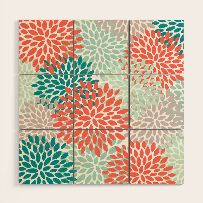 Floral Pattern, Orange, Teal, Mint Green, Flower Print Wood Wall Art Gallery Image 1