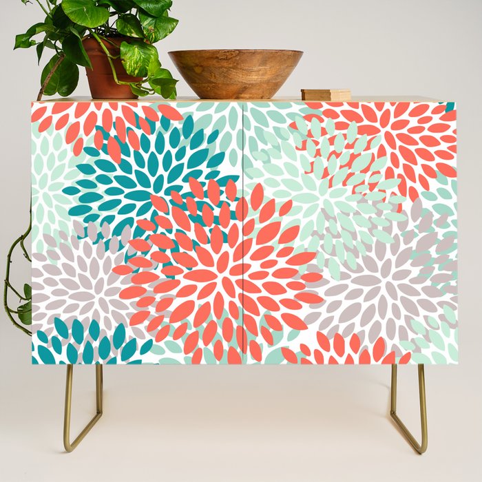 Floral Pattern, Orange, Teal, Mint Green, Flower Print Credenza Gallery Image 1