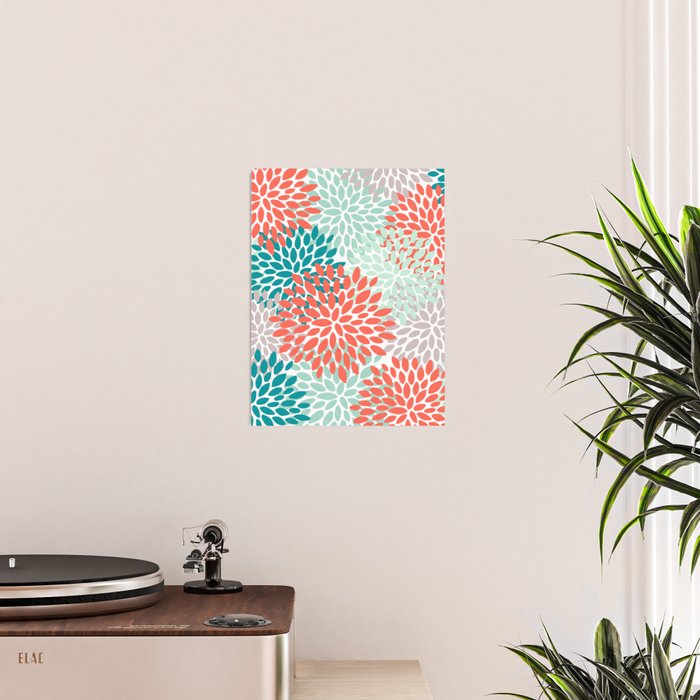 Floral Pattern, Orange, Teal, Mint Green, Flower Print Poster Gallery Image 2