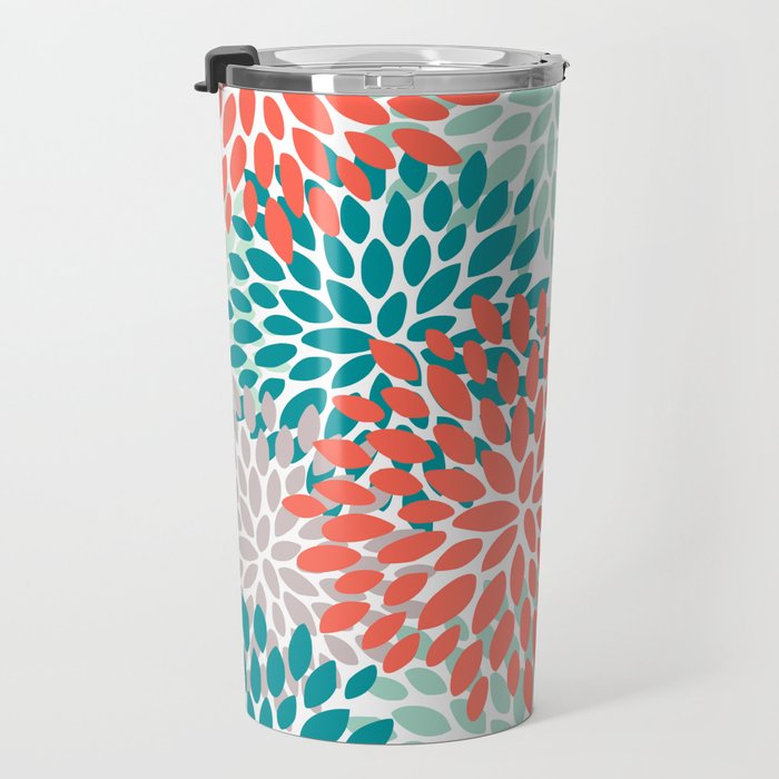 Floral Pattern, Orange, Teal, Mint Green, Flower Print Travel Mug Gallery Image 3