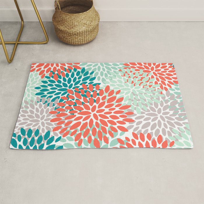 Floral Pattern, Orange, Teal, Mint Green, Flower Print Rug Gallery Image 1