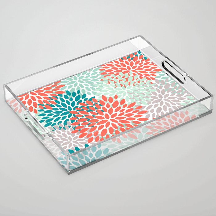 Floral Pattern, Orange, Teal, Mint Green, Flower Print Acrylic Tray Gallery Image 1