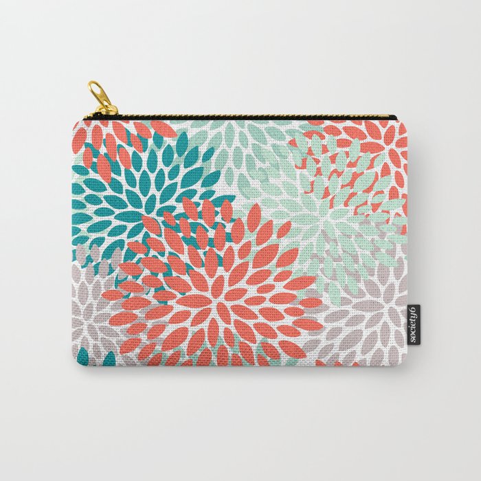 Floral Pattern, Orange, Teal, Mint Green, Flower Print Carry All Pouch Gallery Image 1