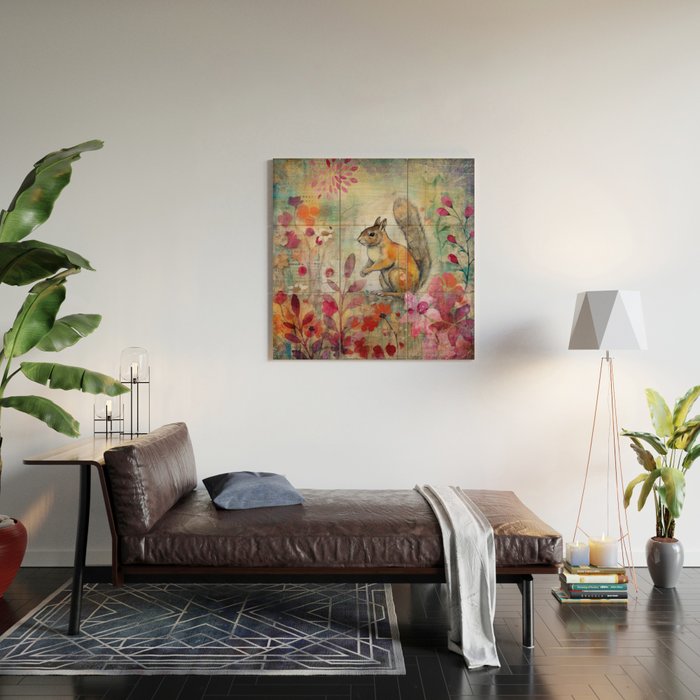 Colorful Squirrel Garden Indian Summer Flora And Wildlife Wood Wall Art Gallery Image 2