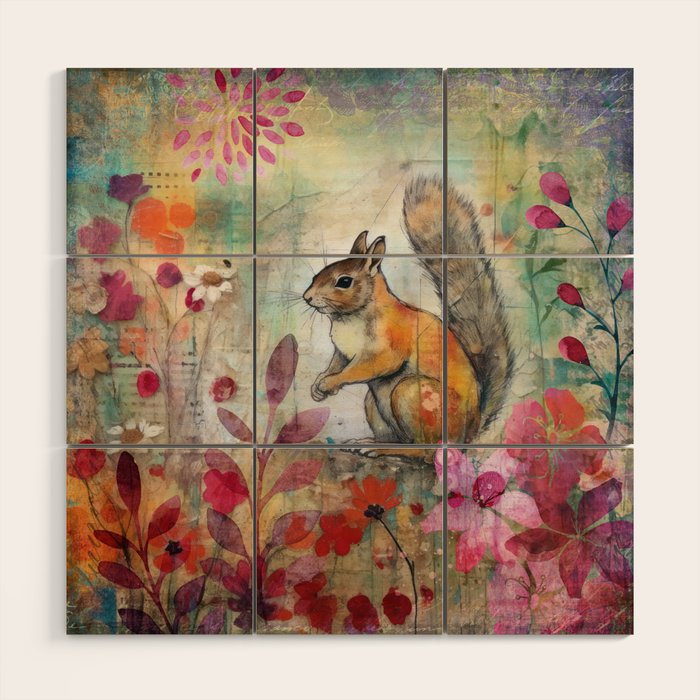 Colorful Squirrel Garden Indian Summer Flora And Wildlife Wood Wall Art Gallery Image 1