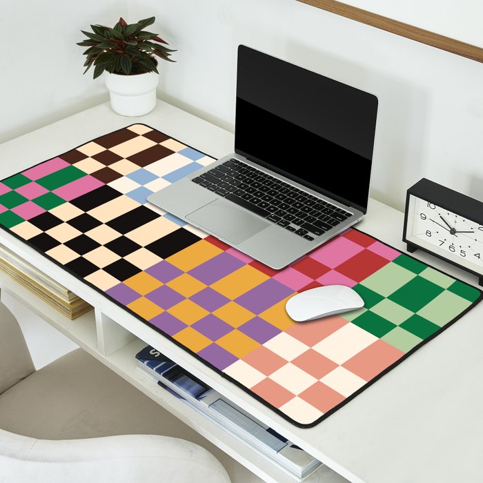 Retro 70s Colorful Patchwork Checkerboard Desk Mat Gallery Image 2