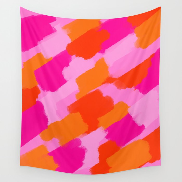 Pink and Orange Abstract Brush Strokes Palette Style Pattern Wall Tapestry Gallery Image 1