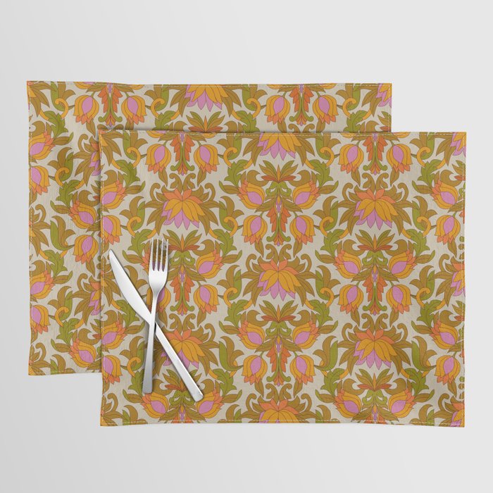 Orange, Pink Flowers and Green Leaves 1960s Retro Vintage Pattern Placemat Gallery Image 1