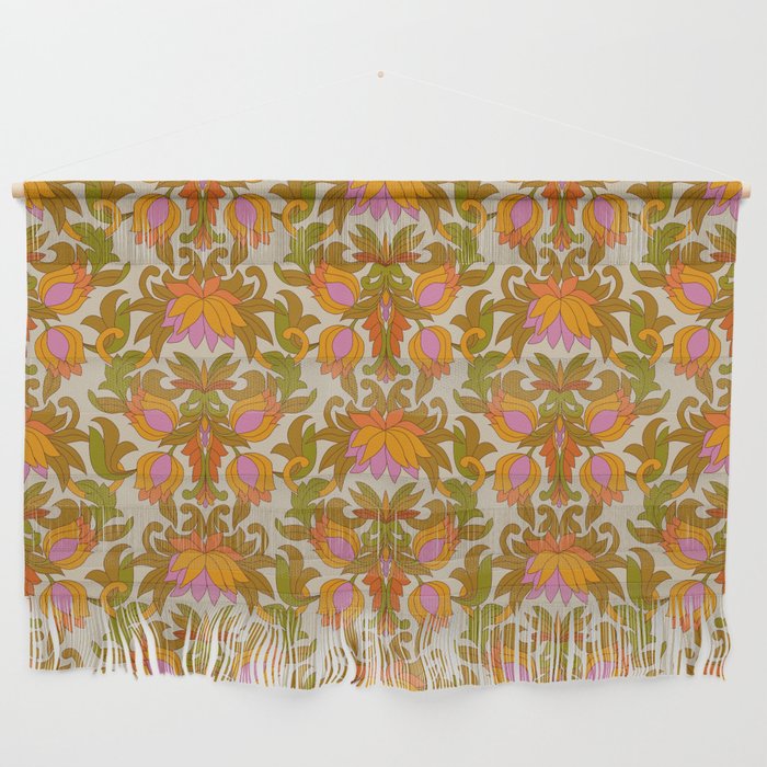 Orange, Pink Flowers and Green Leaves 1960s Retro Vintage Pattern Wall Hanging Gallery Image 1