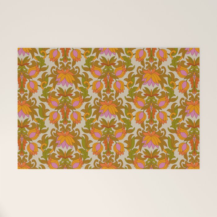 Orange, Pink Flowers and Green Leaves 1960s Retro Vintage Pattern Welcome Mat Gallery Image 1