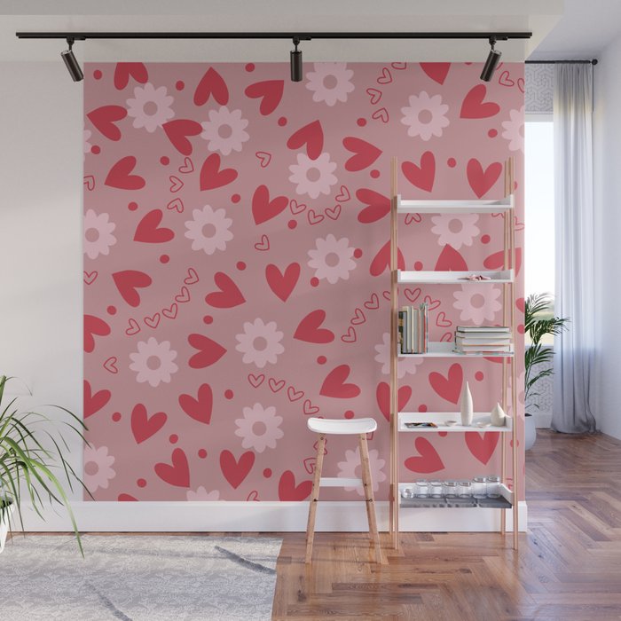 Hearts and Flowers on Tea Rose Pink Wall Mural Gallery Image 1