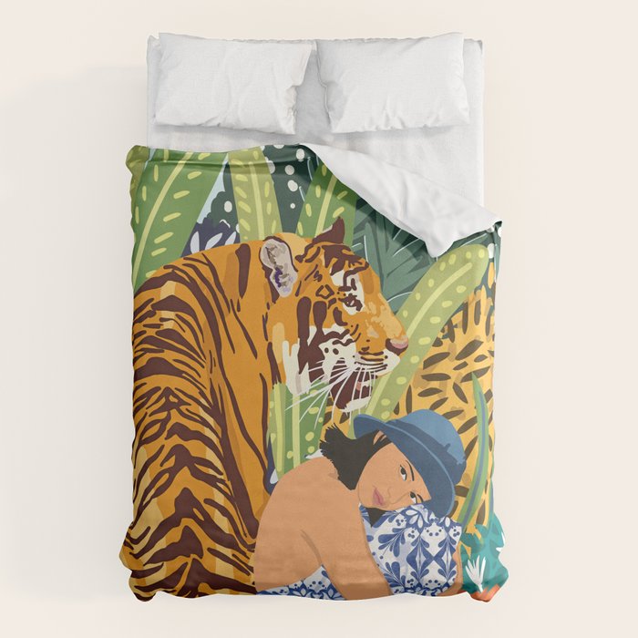 Awaken The Tiger Within Illustration, Wildlife Nature Wall Decor, Jungle Human Nature Connection Duvet Cover Gallery Image 1