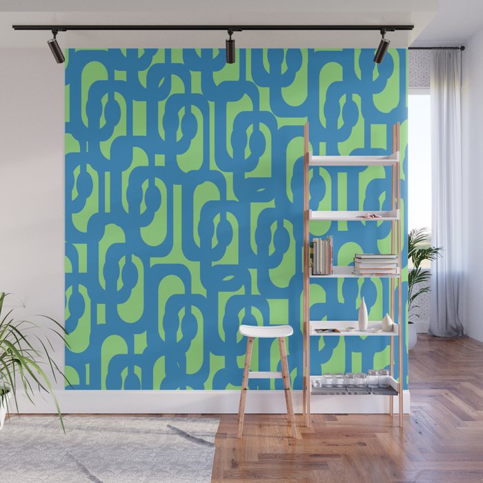 Mid Century Modern Loops Blue and Lime Green Retro Contemporary Abstract Pattern Wall Mural Gallery Image 1