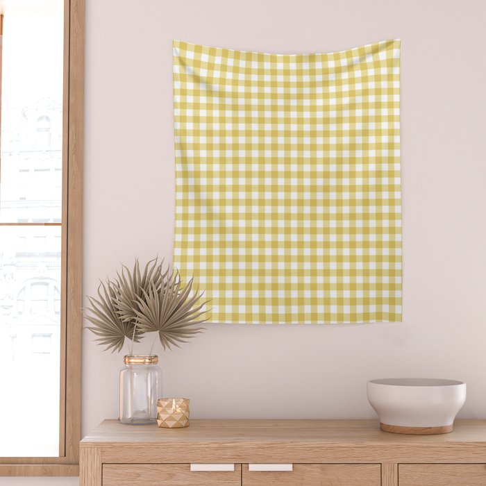 Gingham Check Pattern in Mustard Yellow and White Wall Tapestry Gallery Image 2