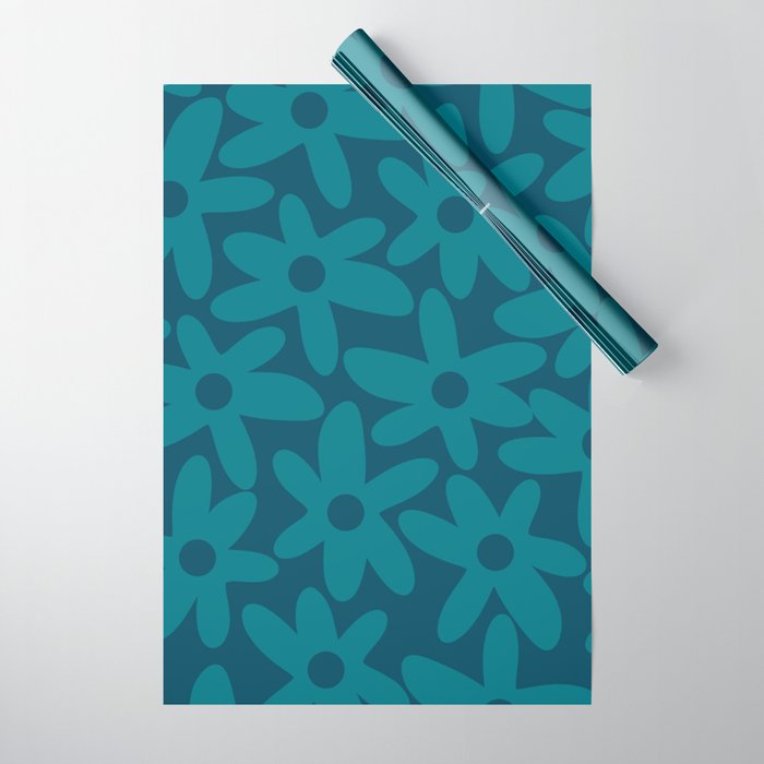 Daisy Time Retro Floral Pattern in Teal Blue Wrapping Paper Gallery Image 1