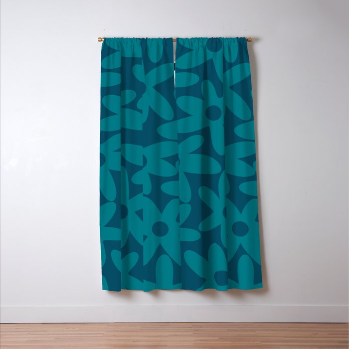 Daisy Time Retro Floral Pattern in Teal Blue Window Curtain Gallery Image 3