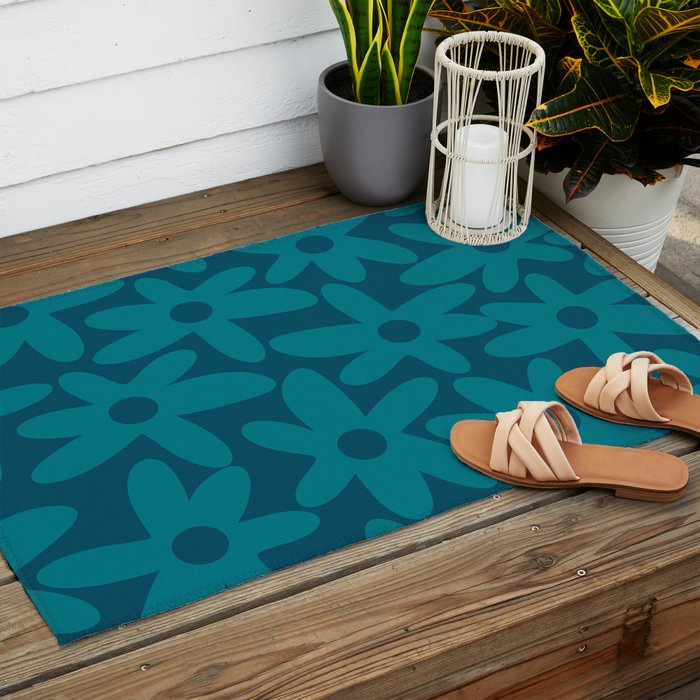 Daisy Time Retro Floral Pattern in Teal Blue Outdoor Rug Gallery Image 2