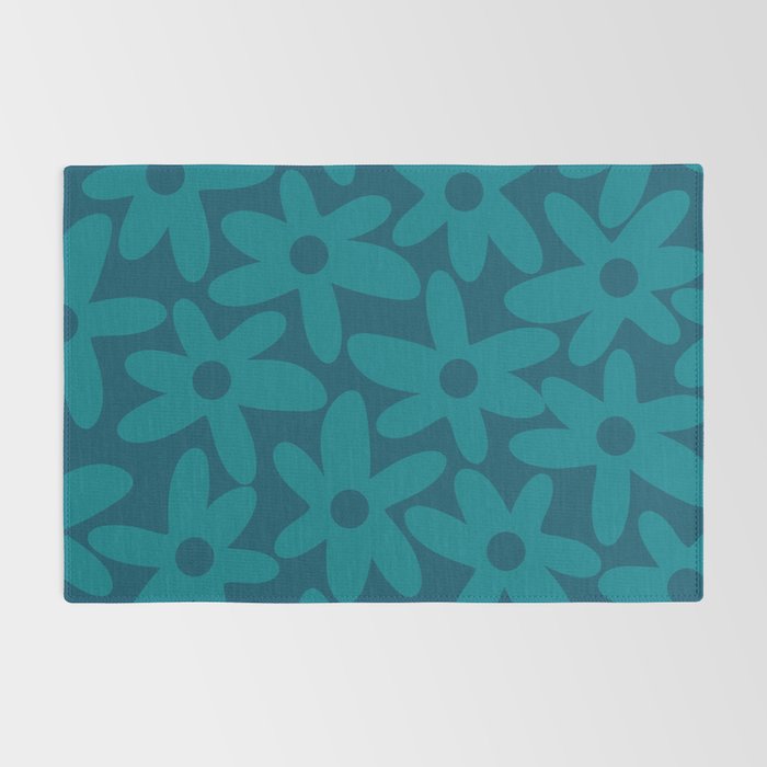 Daisy Time Retro Floral Pattern in Teal Blue Rug Gallery Image 2