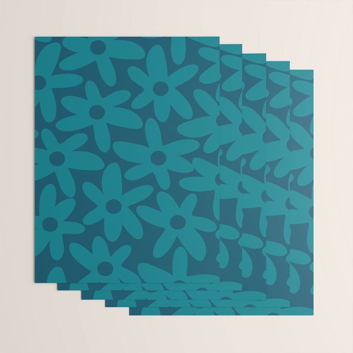 Daisy Time Retro Floral Pattern in Teal Blue Wrapping Paper Gallery Image 3