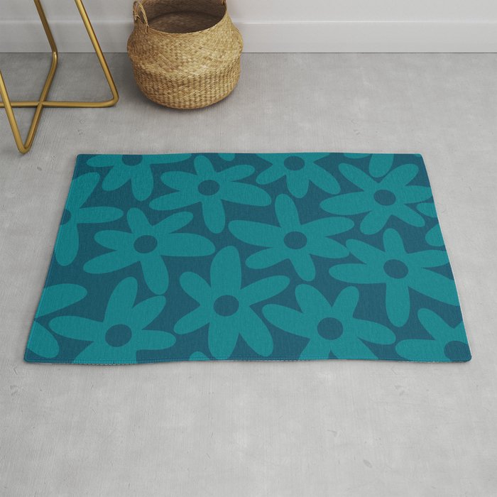 Daisy Time Retro Floral Pattern in Teal Blue Rug Gallery Image 1