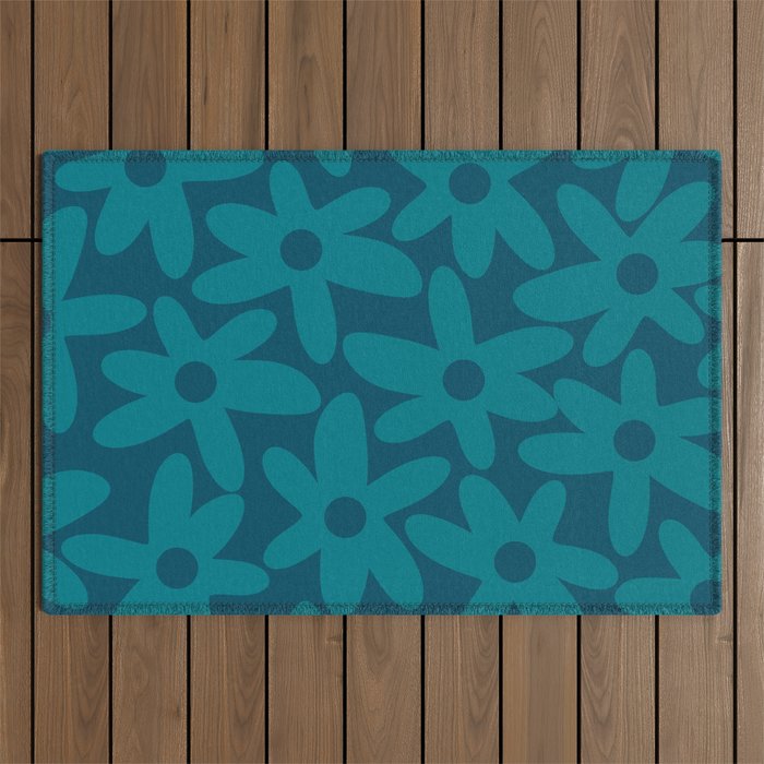 Daisy Time Retro Floral Pattern in Teal Blue Outdoor Rug Gallery Image 1