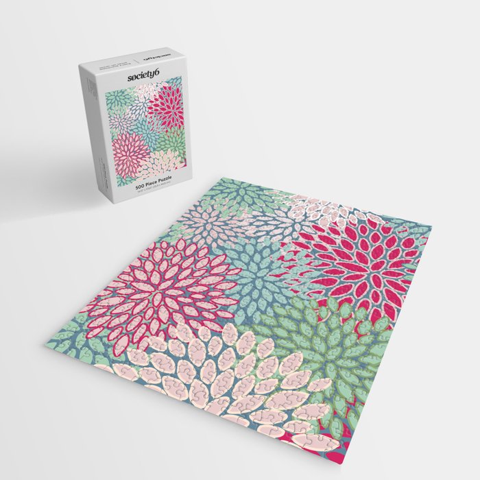 Festive, Floral Prints, Bright Pink, Teal and Green Jigsaw Puzzle Gallery Image 2