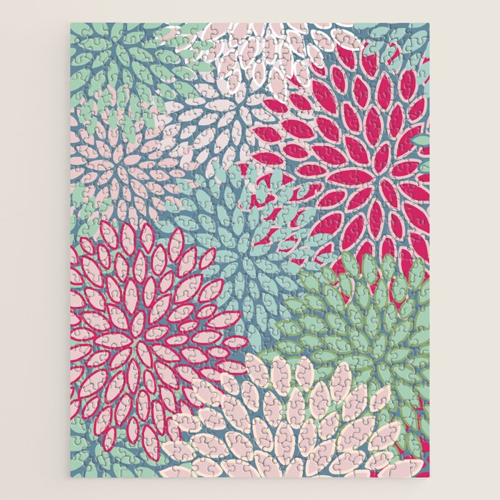 Festive, Floral Prints, Bright Pink, Teal and Green Jigsaw Puzzle Gallery Image 1